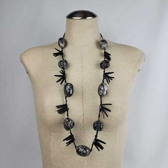 Beaded Tropical Black Long Necklace - Picture 1 of 5
